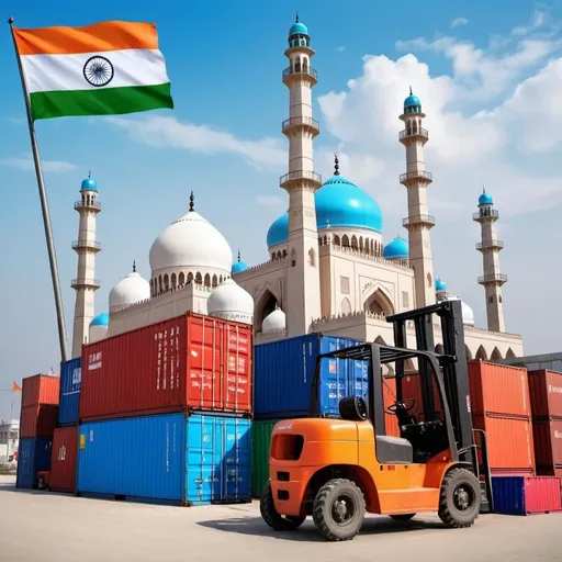 Prompt: create image beautiful  mosque in near of sea shore, along side of factory, container truck, forklift, near along pole with Indian flag.