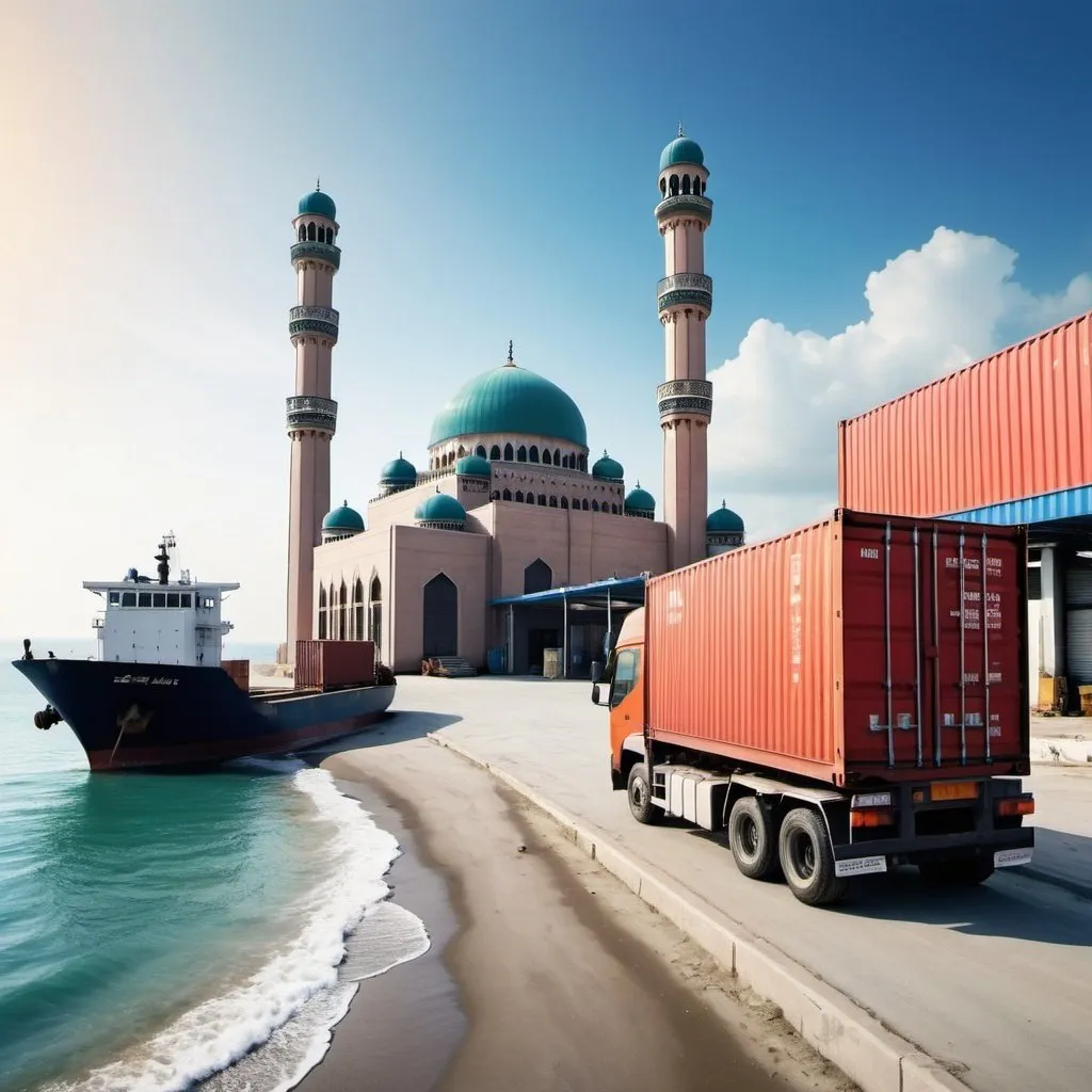 Prompt: create image beautiful  mosque in near of sea shore, along side of factory, container truck, forklift. 