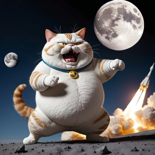 Prompt: Fat cat fighting his way to the moon.