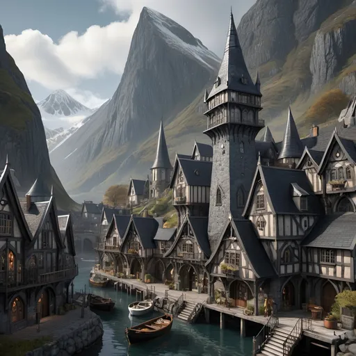 Prompt: A view of the bustling port city of Tarlin, home to witches. Elegant architecture which is a mix of elvish and medieval. Black and dark grey stone with black slate roof tiling.
Situated against a stunning mountain backdrop. It is magnificent, remote and whimsical. Lightly steam punk inspired technology, with neat stone buildings and round shaped windows on tall pointy towers.
