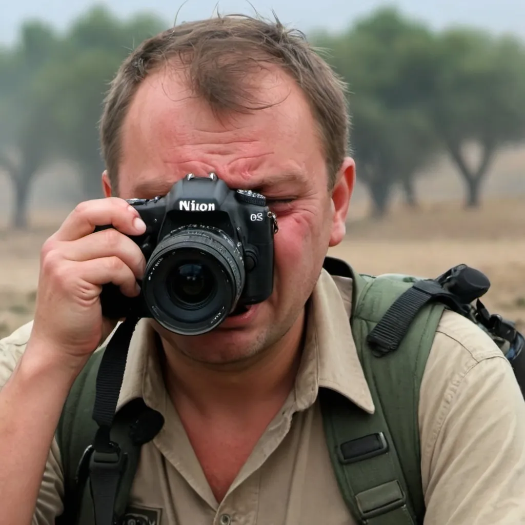 Prompt: cameraman can't take a photo because he starts crying about wars