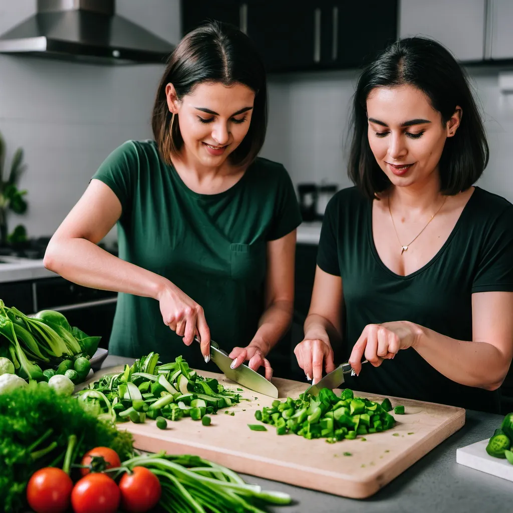 Prompt: 2 women cutting fresh green vegetables