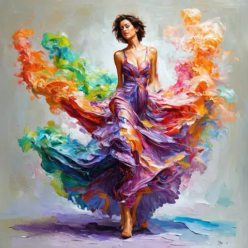 Prompt: An image of a vibrant, palette knife painting, abstract painting, art, artistic portrayal of a woman, surrounded by a swirl of vivid, multicolored smoke-like fabric. Her dress flows around her in a spectrum of colors, including purple, green, orange, and pink, mirroring the fluidity of her movement. posture of freedom and abandon. The background is muted with soft, indistinct shapes that suggest a dreamlike or abstract setting.