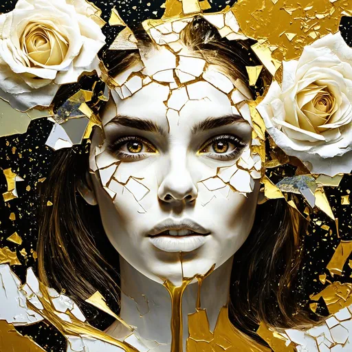 Prompt: Ultra detailed artistic abstract art of woman's face, golden, white roses, symmetric circular iris, shattered paper fragments, inspired by Alberto Seveso, abstract art style, intricate complex watercolor palette painting, sharp eyes, color explosion, ink drip, white face, mix gold and white colors, Concept art, volumetric lighting, metallic reflections,