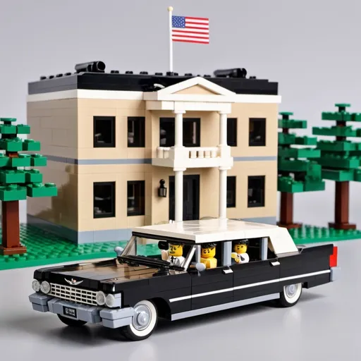 Prompt: {
  "prompt": "Design a Lego set inspired by John F. Kennedy's presidency. The set includes a box prominently titled 'Camelot Era' with a navy blue and white color scheme. The main image features the White House in the background and JFK and Jackie Kennedy minifigures in the foreground. JFK wears a dark suit, while Jackie is in a pink dress with a pillbox hat. The Presidential Limousine, an open-top black car, is parked nearby. Include a mini Apollo Rocket, a podium with a presidential seal, a TV camera, and a newspaper stand with historical headlines. The set captures the spirit of the 1960s and JFK's leadership.",
  "size": "1024x1024"
}