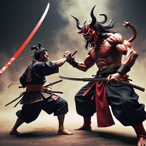 Prompt: Amine demon God fighting a samurai 