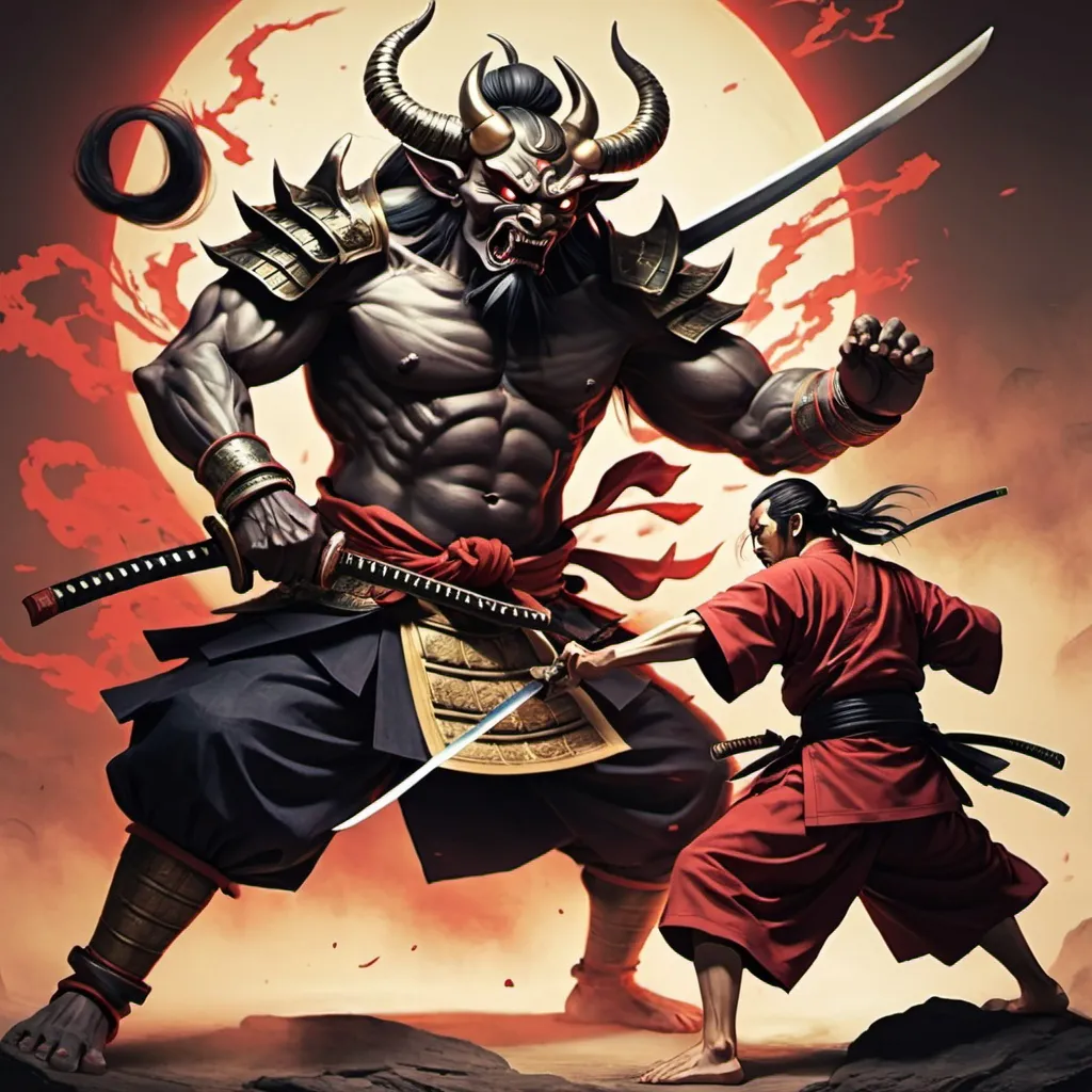 Prompt: Amine demon God fighting a samurai 