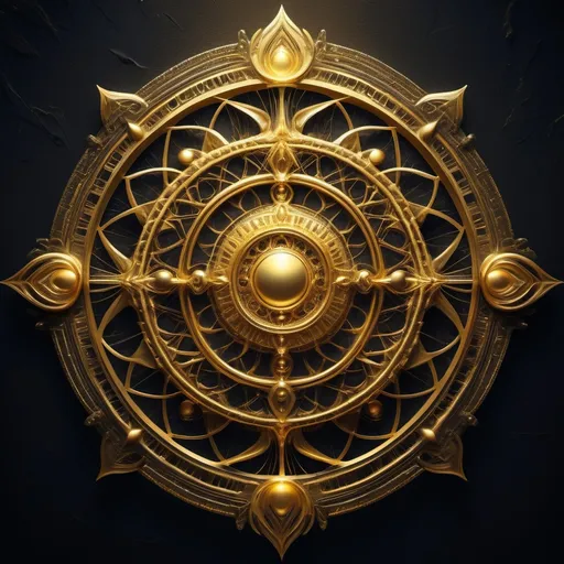 Prompt: (golden perfection alienlike symbol), intricate design, ethereal qualities, symbols radiating energy, (futuristic elements), glimmering gold texture, high contrast against a dark backdrop, surreal ambiance, mystical vibes, inviting exploration of the unknown, ultra-detailed, artistic masterpiece, captivating and intriguing composition.