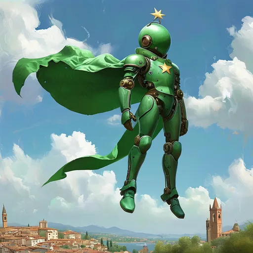 Prompt: a man in a green suit flying through the air with a cape on his head and a star in the background, Altichiero, altermodern, green, concept art robotic parts