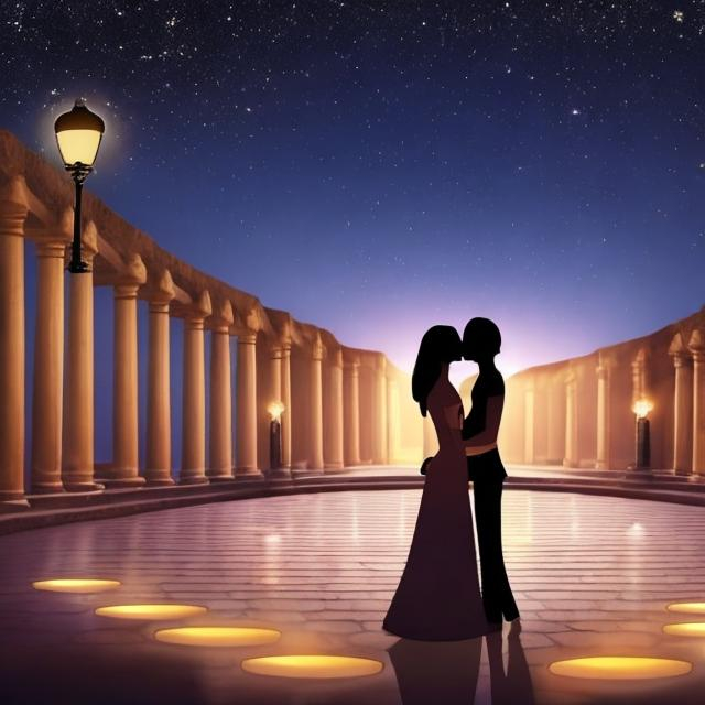 Prompt: it is night and stars are twinkling in the background... it is a large circular terrace and there are some tables and chairs with candles on them for dinner.... and i am standing with the love of my life in the spotlight while holding each other's hands, and staring at each others eyes, we are so close that we can feel the warmth of each others breath