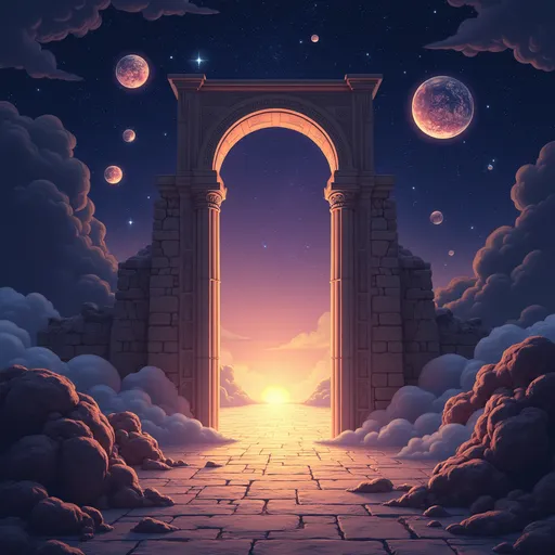 Prompt: create a digital illustration for a gateway to eternity in space with mystical and Odyssey infused theme. the background should feature elements of Astrophysics with ancient theme. make astrophysics more prevailing and add slight blueprints of early astrophysics study in the surrounding , no text and dark theme. Use colors purple , beige and dark blue. Use Greek design theme