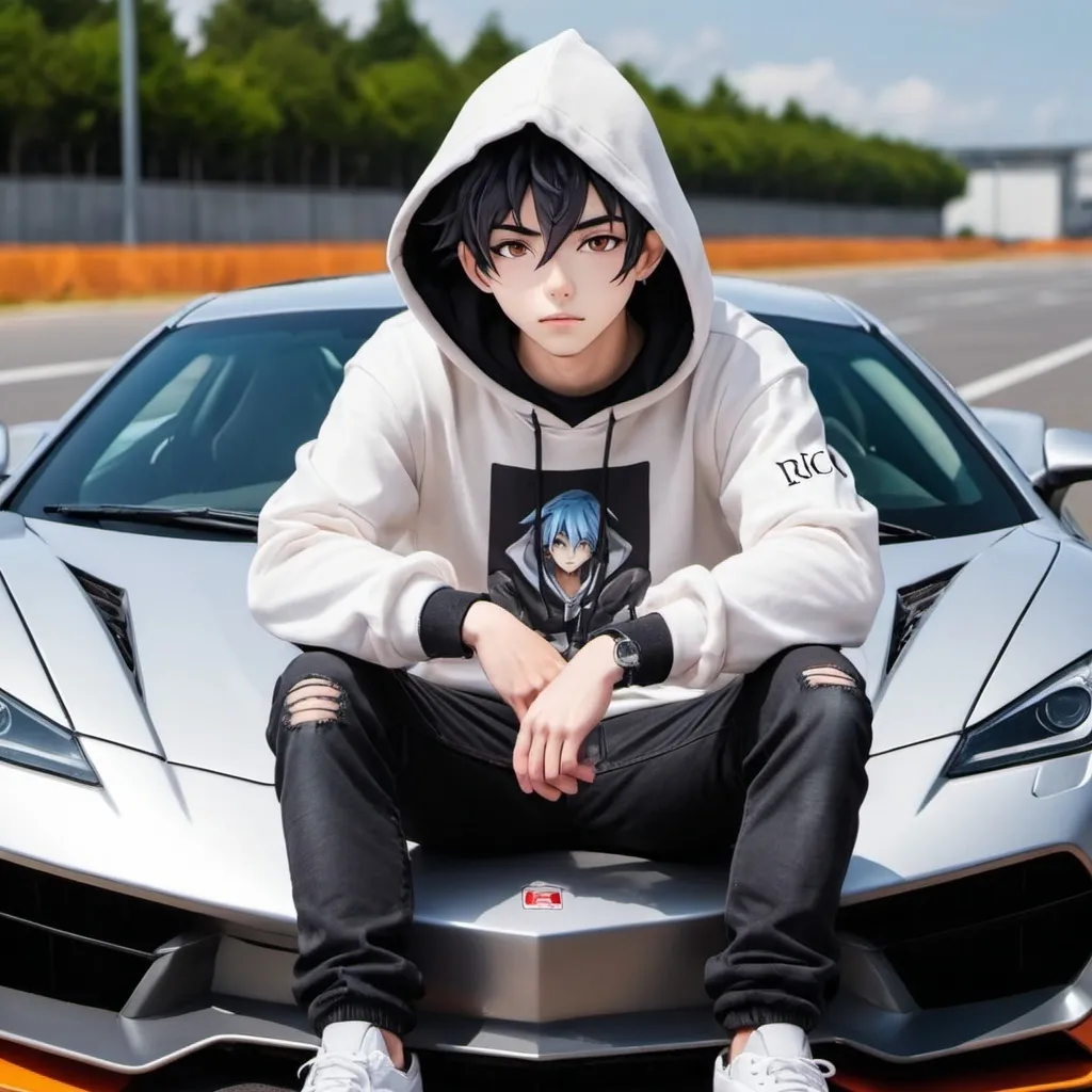 Prompt: Anime themed , a cool guy sitting on supercar hood , and wearing a hoodie with rico name on it