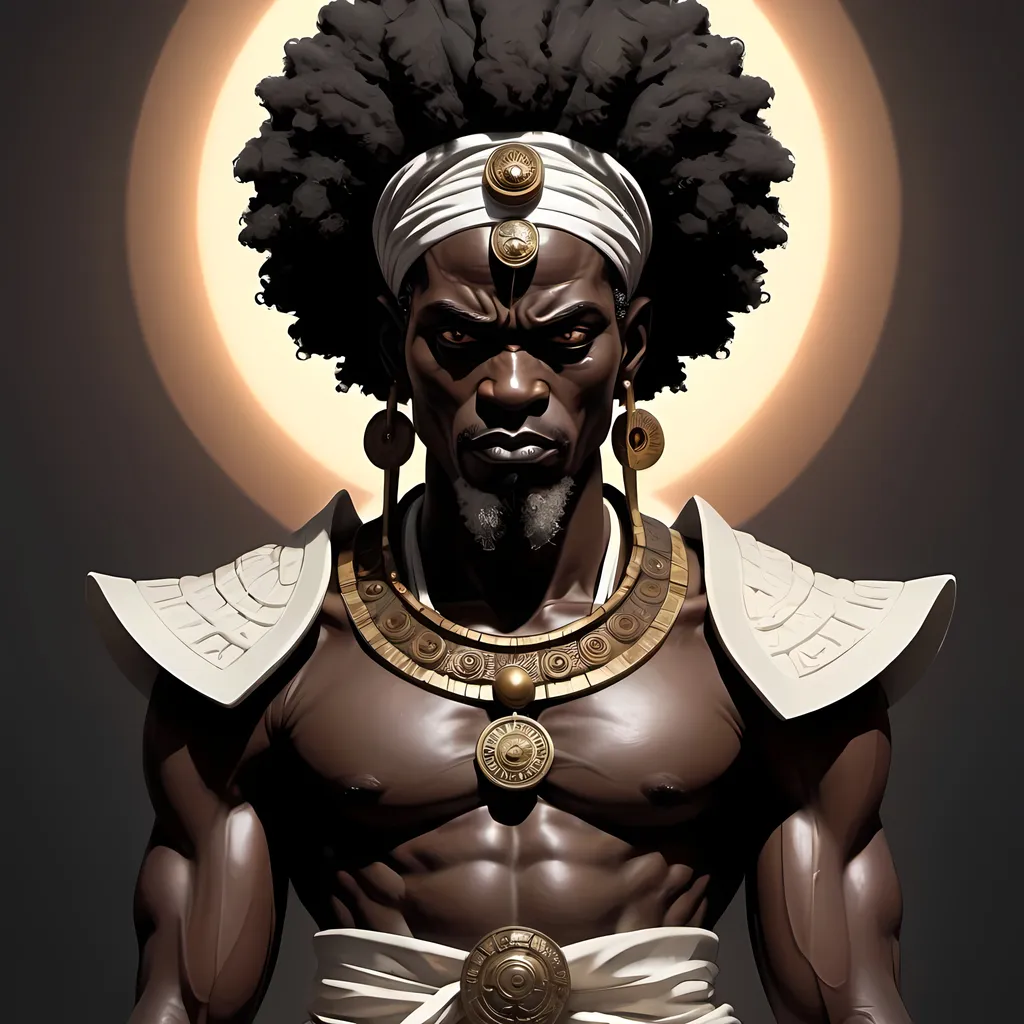 Prompt: African God of wisdom in the art style of Afro Samurai, modern mystical attire, stoic expression, detailed facial features, high quality, mysterious lighting, afro samurai style, african god, wisdom, modern mystical attire, stoic expression, detailed facial features, professional, atmospheric lighting he is to depic discipline i like this now make it really convy discipline 