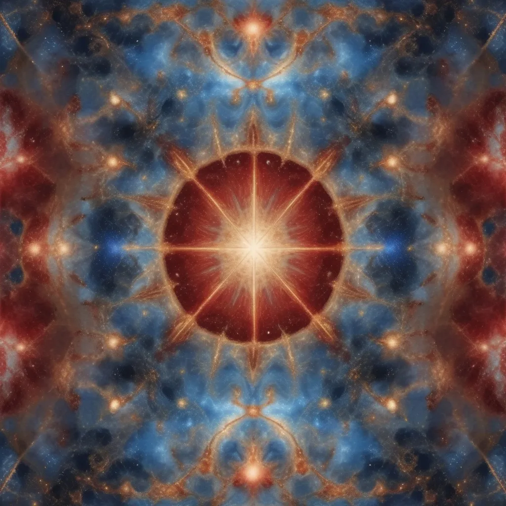 Prompt: Celestial art photorealistic portail pattern of twos salvation octaves paired with blue and earthtones red and nebulous emergence