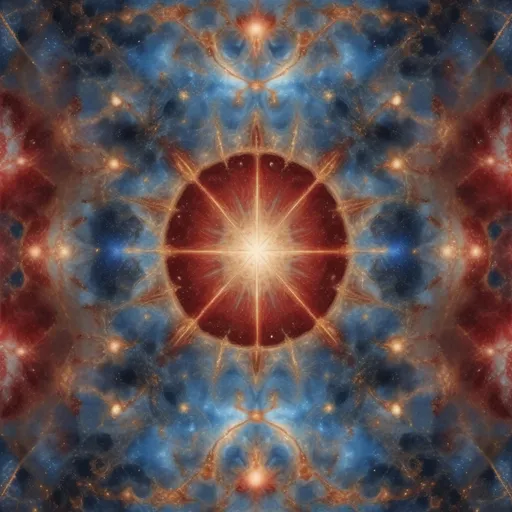 Prompt: Celestial art photorealistic portail pattern of twos salvation octaves paired with blue and earthtones red and nebulous emergence