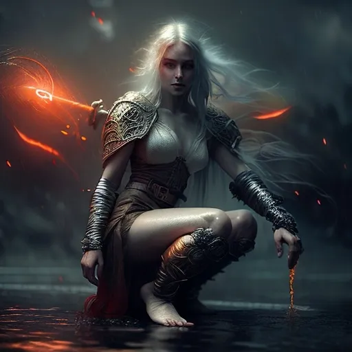 Prompt: A stunning fantasy artwork of a mystical female warrior kneeling on a wet battlefield under the rain, dressed in an elegant white robe adorned with red and black mystical patterns, her silver braided hair shining under dim light, gripping a cursed black sword emitting glowing orange fiery energy, her eyes radiating determination and power, water splashes and rain adding a dynamic effect, dramatic and ethereal atmosphere, fantasy art by WLOP and Greg Rutkowski, ultra-detailed, vivid colors, cinematic composition, magical realism.
