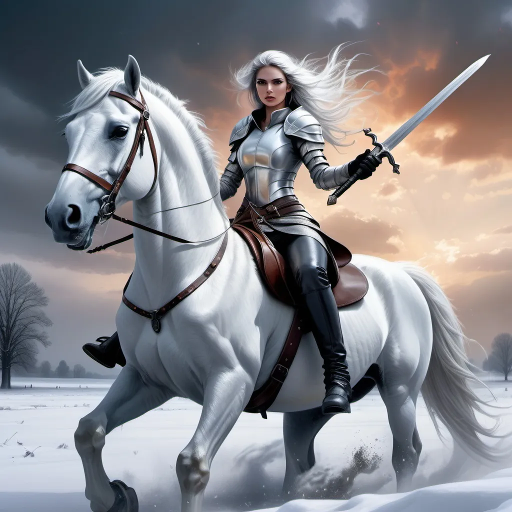 Prompt: a woman riding on the back of a white horse in a snowy field with a sword in her hand, Anne Stokes, fantasy art, epic fantasy character art, cyberpunk art
