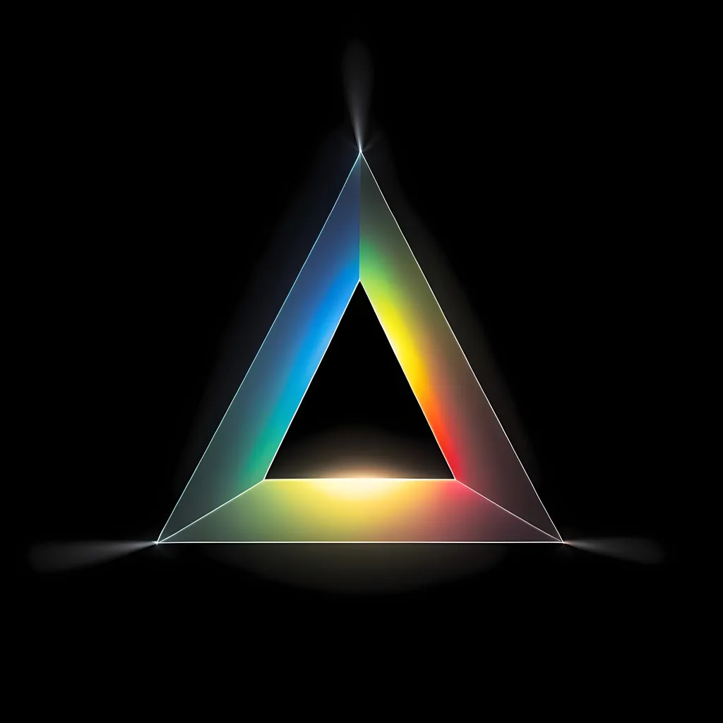 Prompt: black background with a beam of white light going through a translucent triangle that emmits a rainbow on the other side