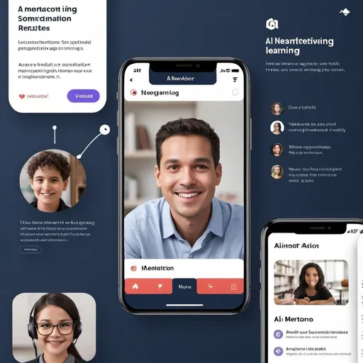Prompt: AI mentor APP include voice interaction, personalized learning recommendations, real-time Q&A, etc. Ensure that these features are visually represented in the design elements of the image.