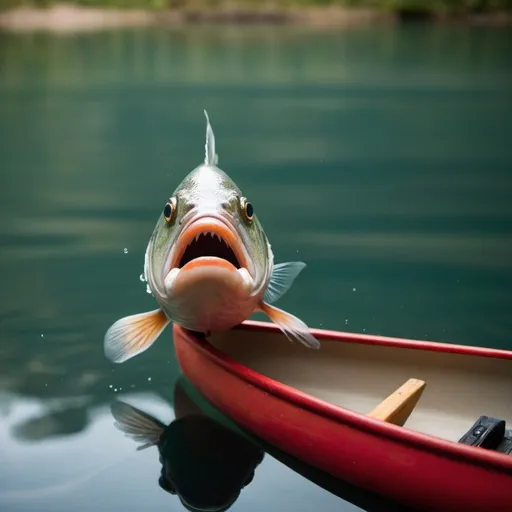 Prompt:  A fish popping out of water and say hi to someone on a canoe