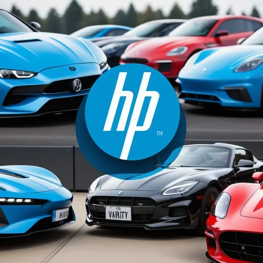 Prompt: Uppercase HP in the middle in blue and in background a varity of sports cars facing at me for business logo