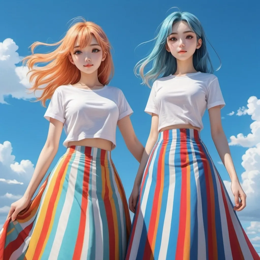 Prompt: Anime girls wearing maxi long vertical striped skirts that are floor-length.