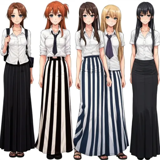 Prompt: Anime girls wearing maxi long vertical striped skirts that are very long.