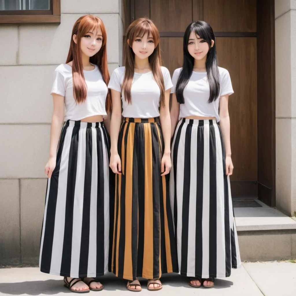 Prompt: Anime girls wearing maxi long vertical striped skirts that are floor-length.