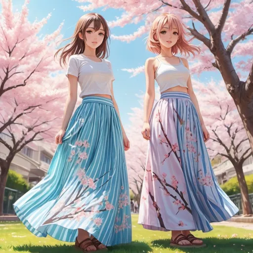 Prompt: Anime girls wearing maxi long vertical striped skirts that are floor-length.