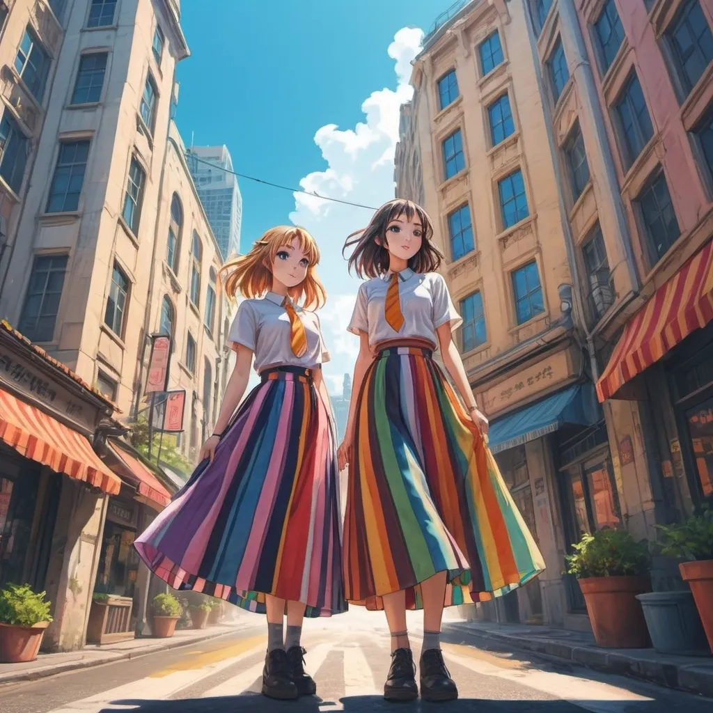 Prompt: Anime girls wearing maxi long vertical striped skirts that are very long.