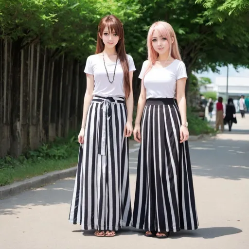 Prompt: Anime girls wearing maxi long vertical striped skirts that are very long.