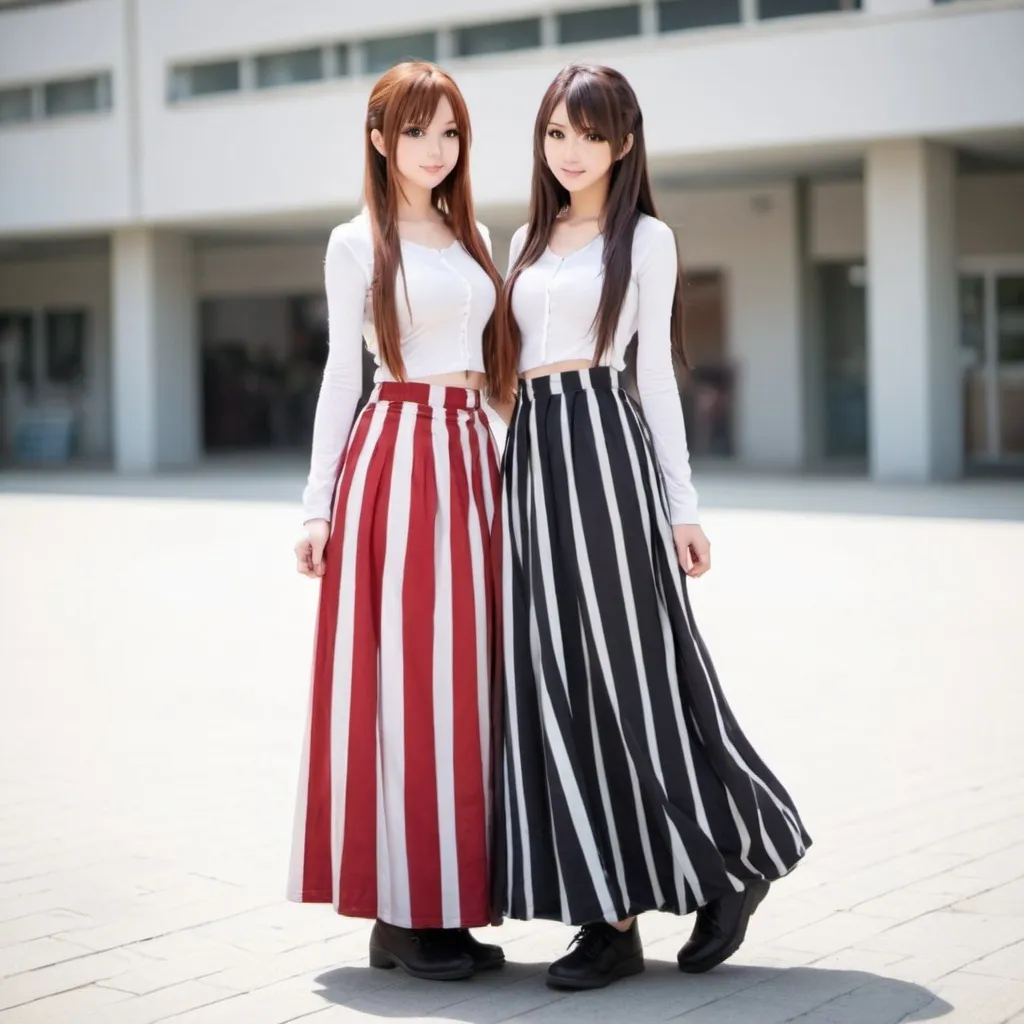 Prompt: Anime girls wearing maxi long vertical striped skirts that are very long.