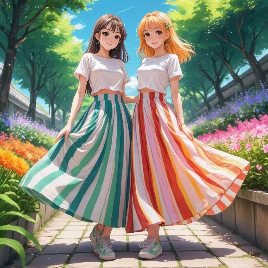 Prompt: Anime girls wearing maxi long vertical striped skirts that are floor-length.