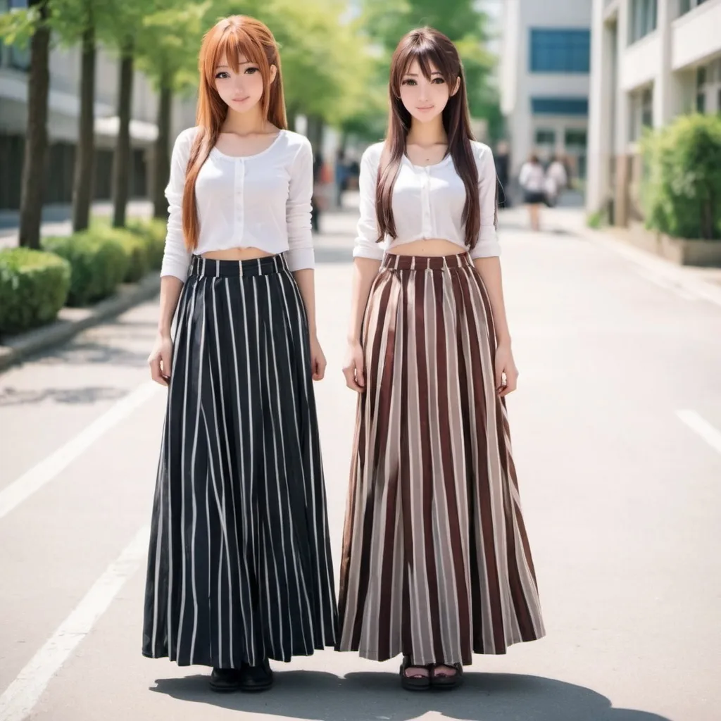 Prompt: Anime girls wearing maxi long vertical striped skirts that are very long.