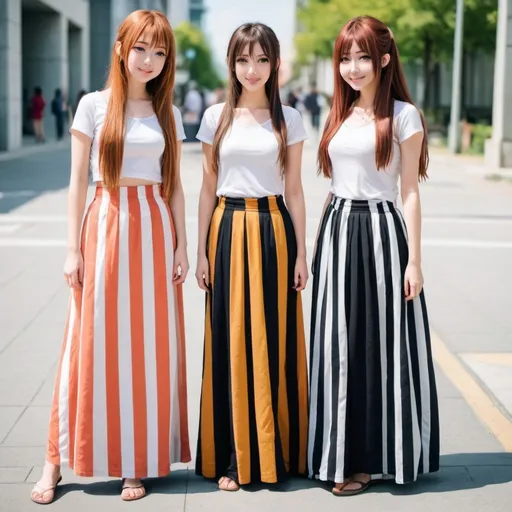 Prompt: Anime girls wearing maxi long vertical striped skirts that are floor-length.