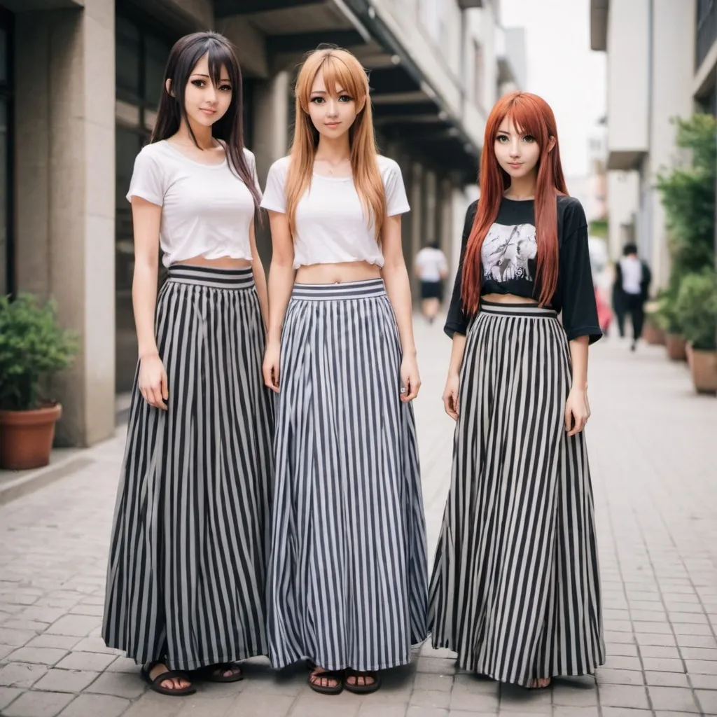 Prompt: Anime girls wearing maxi long vertical striped skirts that are floor-length.