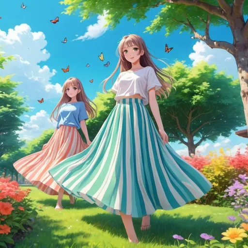 Prompt: Anime girls wearing maxi long vertical striped skirts that are very long.