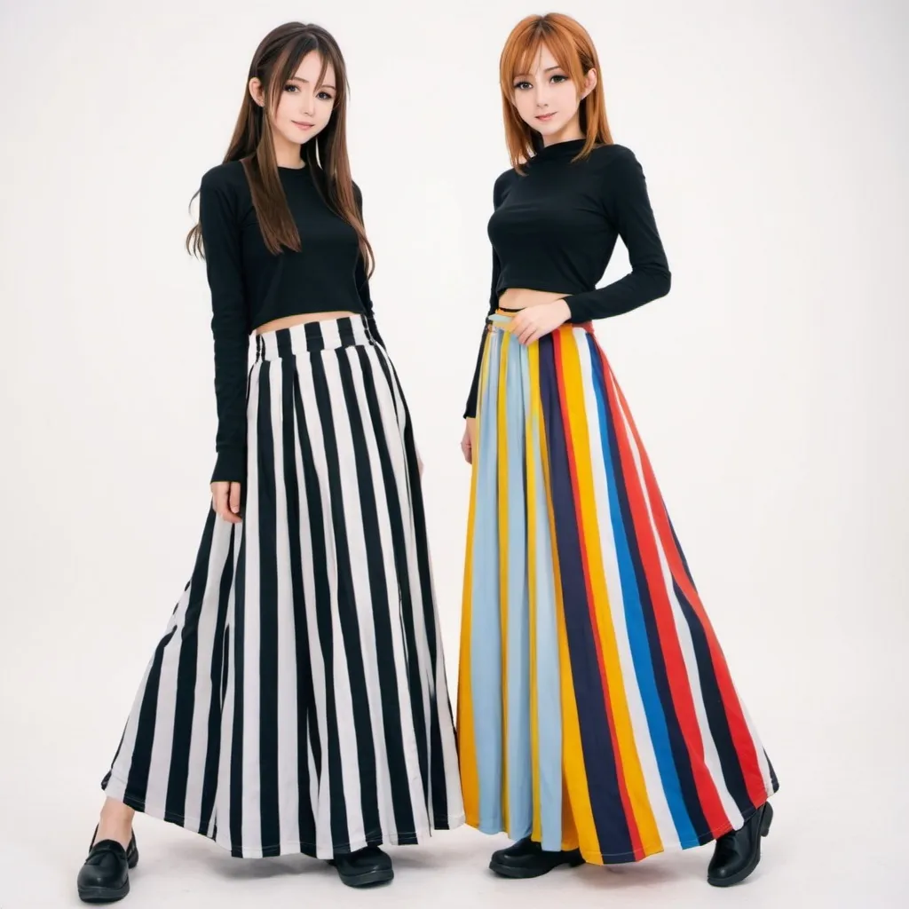 Prompt: Anime girls wearing maxi long vertical striped skirts that are floor-length.