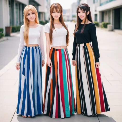 Prompt: Anime girls wearing maxi long vertical striped skirts that are floor-length.