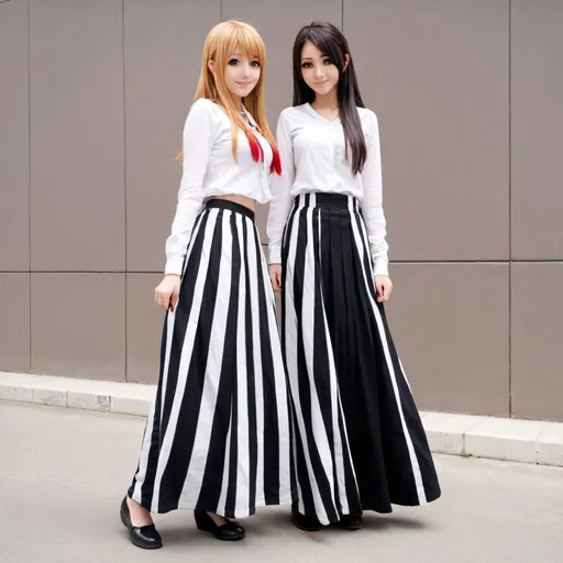 Prompt: Anime girls wearing maxi long vertical striped skirts that are very long.