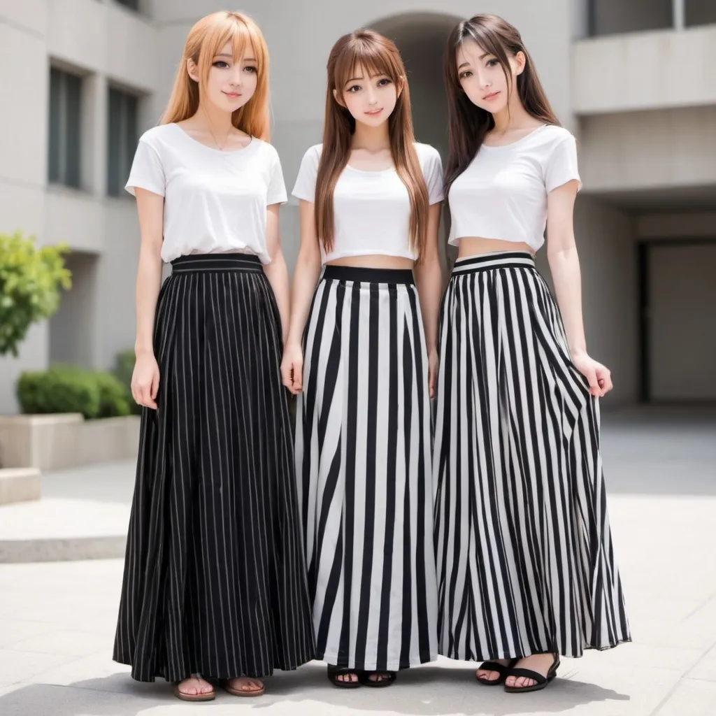 Prompt: Anime girls wearing maxi long vertical striped skirts that are floor-length.