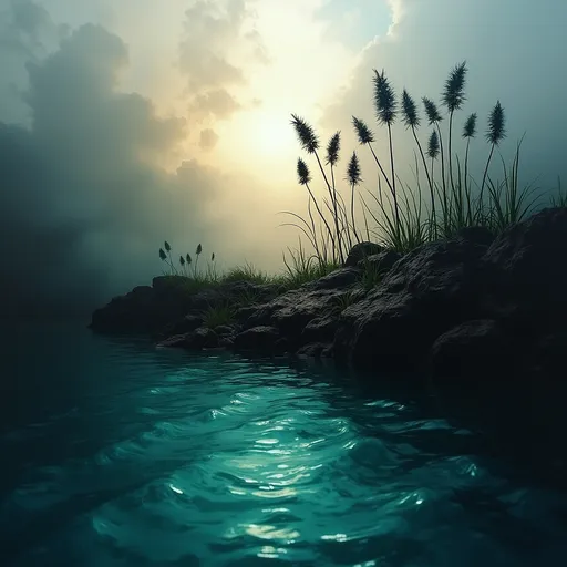 Prompt: A striking interplay of colors and textures comes alive in this abstract representation of a natural scene. The upper portion displays a swirling blend of muted greys and whites, suggesting a cloudy sky, while below, the darkness of the land emerges, textured and layered, contrasting sharply against the vibrant teal hues of water that ripple gently across the lower part of the image. Silhouetted forms, potentially representing plant life, stretch upward, their jagged edges adding a sense of movement against the backdrop. The overall composition evokes a dreamlike atmosphere, merging the elements of earth and water in a harmonious yet tumultuous dance. Light filtering through creates a soft glow, enhancing the enigmatic mood and inviting the viewer to contemplate the relationship between the two realms.