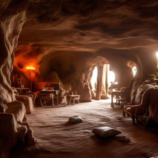 Prompt: The inside of a cave with house furniture but still looks old school.