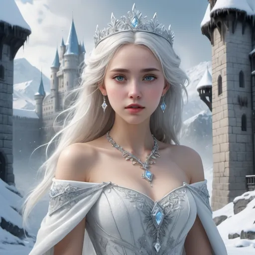 Prompt: high quality, highly detailed, 8K Ultra HD, masterpiece, super realistic, beautiful princess of ice country, fantasy world, beautiful girl, Snow and ice crystals flutter down, snow spirit, a depiction of delicate hair, delicate skin, beautiful eyes, black eye, silver hair, white dress, necklace with gems, castle background, three dimensional effect, full body, enhanced beauty, Albert Anker, Feeling like John Howe, Greg Rutkowski, Artgerm, WLOP, Alphonse Beeple, luminism, 3d render, octane render, cinematic, Isometric, by yukisakura, awesome full color,