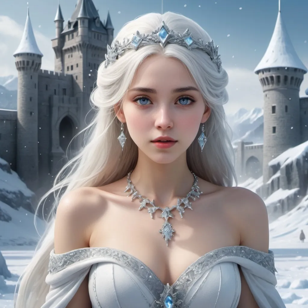 Prompt: high quality, highly detailed, 8K Ultra HD, masterpiece, super realistic, beautiful princess of ice country, fantasy world, beautiful girl, Snow and ice crystals flutter down, snow spirit, a depiction of delicate hair, delicate skin, beautiful eyes, black eye, silver hair, white dress, necklace with gems, castle background, three dimensional effect, full body, enhanced beauty, Albert Anker, Feeling like John Howe, Greg Rutkowski, Artgerm, WLOP, Alphonse Beeple, luminism, 3d render, octane render, cinematic, Isometric, by yukisakura, awesome full color,