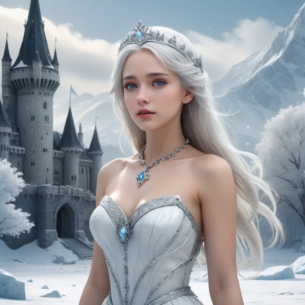 Prompt: high quality, highly detailed, 8K Ultra HD, masterpiece, super realistic, beautiful princess of ice country, fantasy world, beautiful girl, Snow and ice crystals flutter down, snow spirit, a depiction of delicate hair, delicate skin, beautiful eyes, black eye, silver hair, white dress, necklace with gems, castle background, three dimensional effect, full body, enhanced beauty, Albert Anker, Feeling like John Howe, Greg Rutkowski, Artgerm, WLOP, Alphonse Beeple, luminism, 3d render, octane render, cinematic, Isometric, by yukisakura, awesome full color,