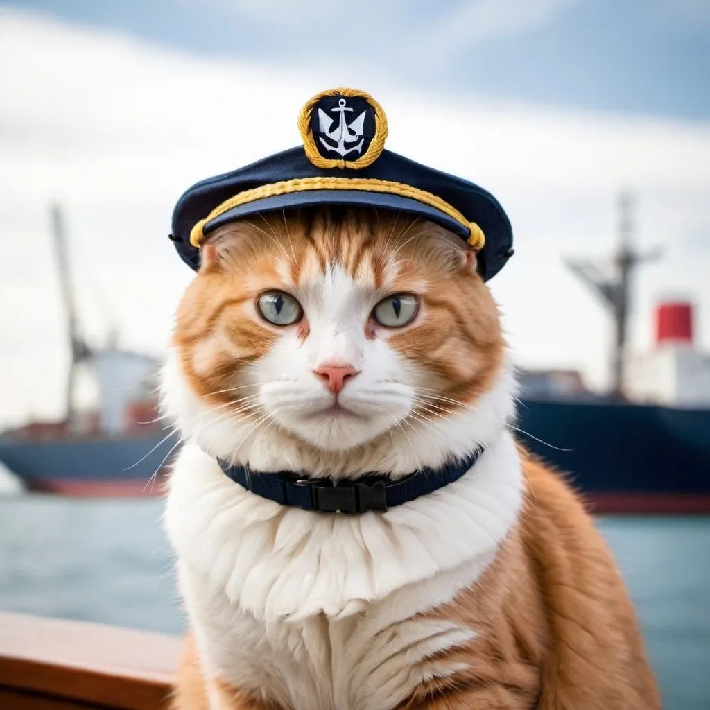 Prompt: A cat with a mariner hat with a background of a ship