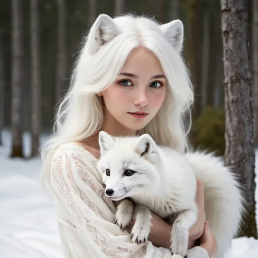 Prompt:  arctic fox-like human princess a little bit more like a human, 3D. white arctic foxes live in forest
