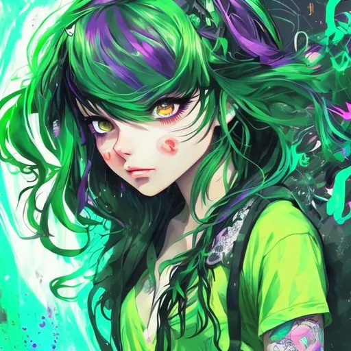 Prompt: Art of an 18-year-old girl, black hair with vibrant green ends, piercing green eyes, anime style, detailed facial features, neon lights reflecting on the dark hair, vibrant and colorful, anime girl