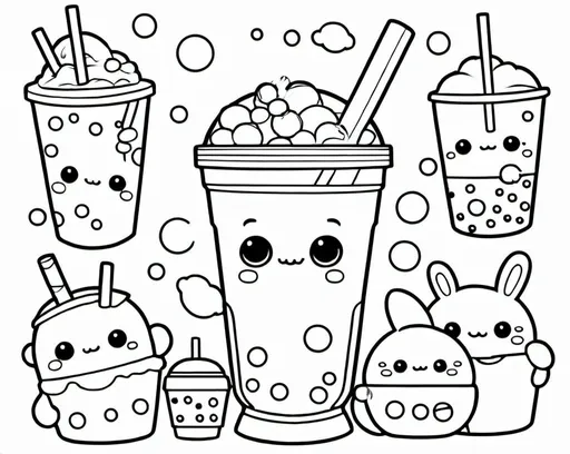 Prompt: B&W coloring book page, boba tea a playful setting, line art, solid white background, kawaii